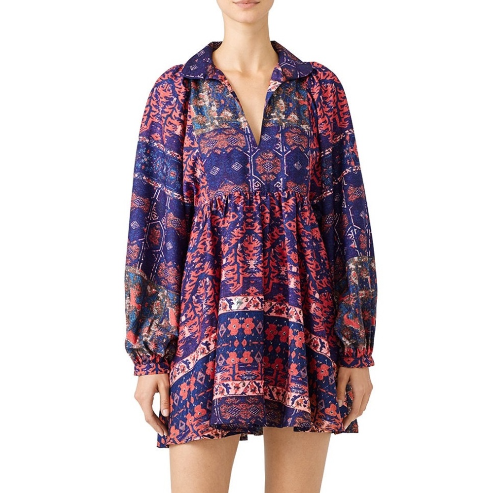 LN Anthropologie Raga Blue Aztec Print Collared Mini Peasant Babydoll Dress - S